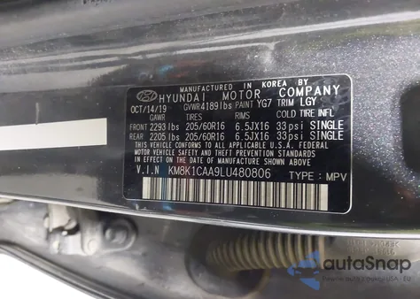 2020 Hyundai Kona Se from USA, damaged, VIN KM8K1CAA9LU480806